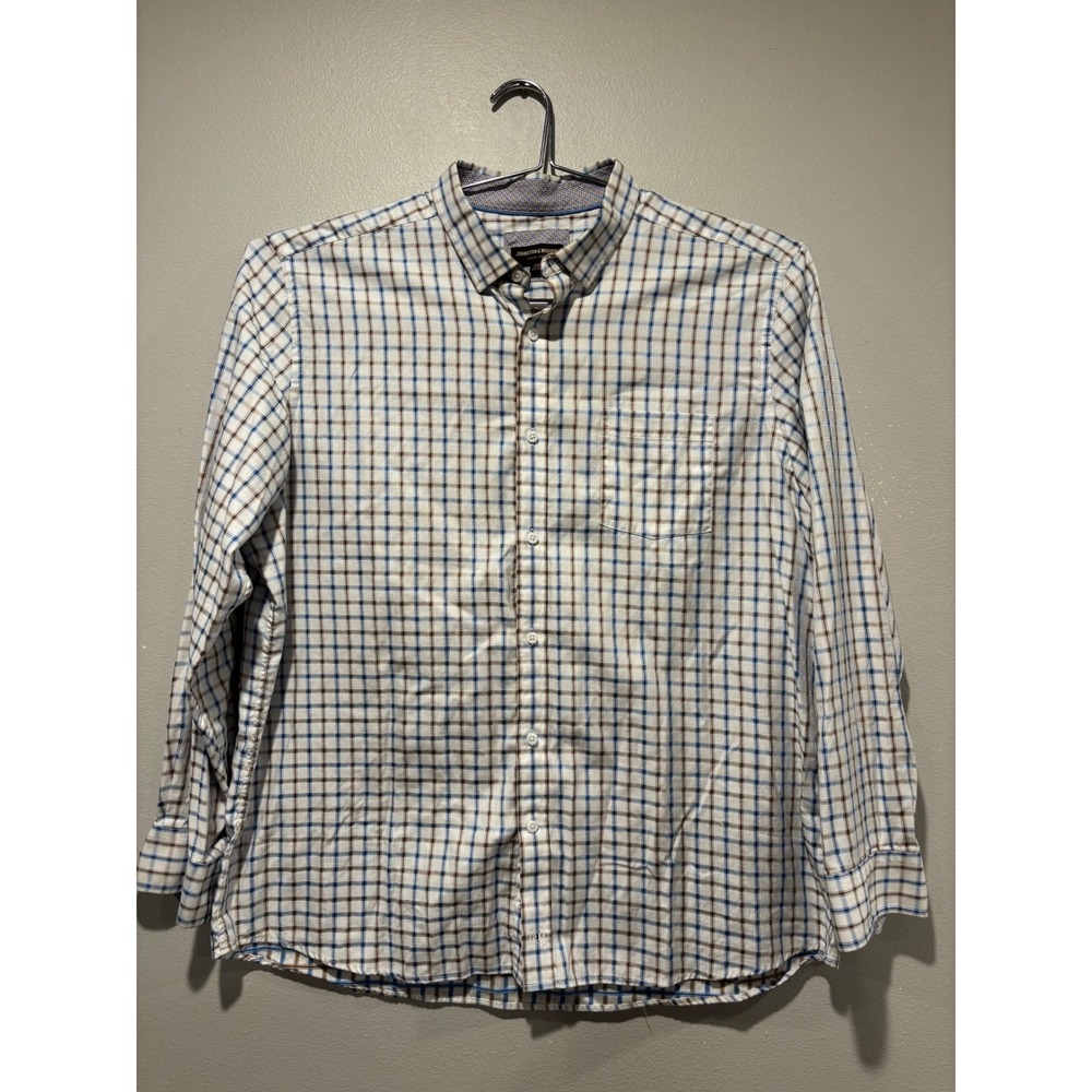 Johnston & Murphy Mens XXL Blue Tan Plaid Cotton Long Sleeve Button Down Shirt